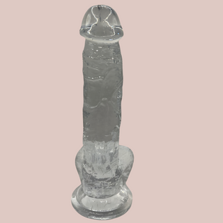 A front view of the Clear Silicone Dildo, you can see the shaped head.