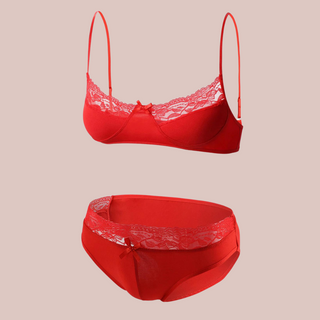 Showing the red bandeau style bra and bikini panties with lace edging.