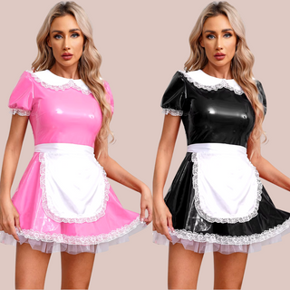 The Bianca Wet Look Maid Dress is shown here in pink and black.