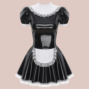 The Maisie maid dress in black, you can see that this is a one piece dress with high neck collar, puff short sleeves and an inbuilt apron.