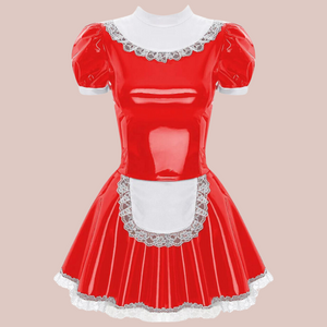 The Maisie maid dress in red, you can see that this is a one piece dress with high neck collar, puff short sleeves and an inbuilt apron.