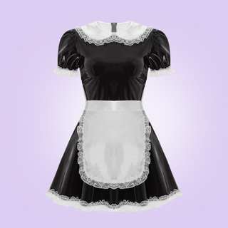 The Bianca in black, you can see the wet look material, round doll collar and puffed sleeves.