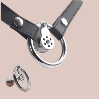 The Negative Enslavement chastity cage, the short is shown attached to the included chastity belt, the long is on the bottom left of the image.