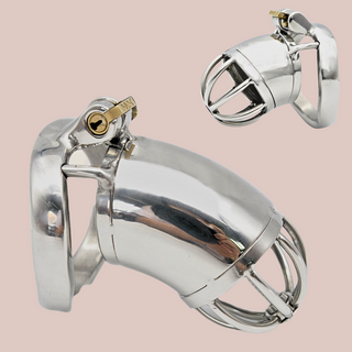 A standard size metal chastity cage with a solid shaft like centre and open bar work design to the end. The cage is shown connected to its base ring, which allows the integral lock to be fitted. The smaller version of this cage is shown in the top right corner.