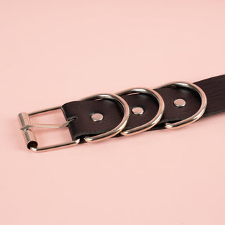 A close up of the buckle and its three strap holding rings.