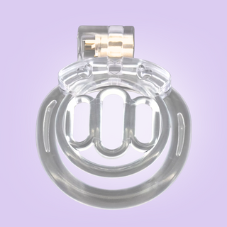 The Thrall chastity cage shown here in transparent, it is fully assembled.