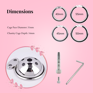 Shown here are the elements that make up the Ultra Micro Urethral chastity cage and the dimensions, only one base ring will be included.