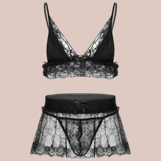 The Black/Black three piece bra, panties and skirt lace set.