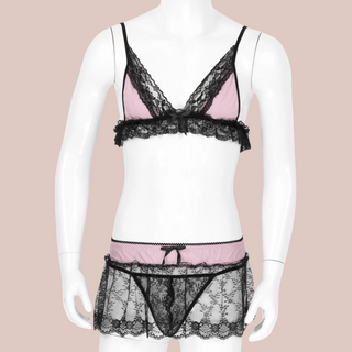 The three piece lace ba panties and skirt shown being modelled on a mannequin.