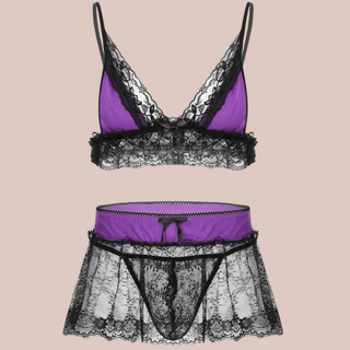 The Black/Purple three piece bra, panties and skirt lace set.