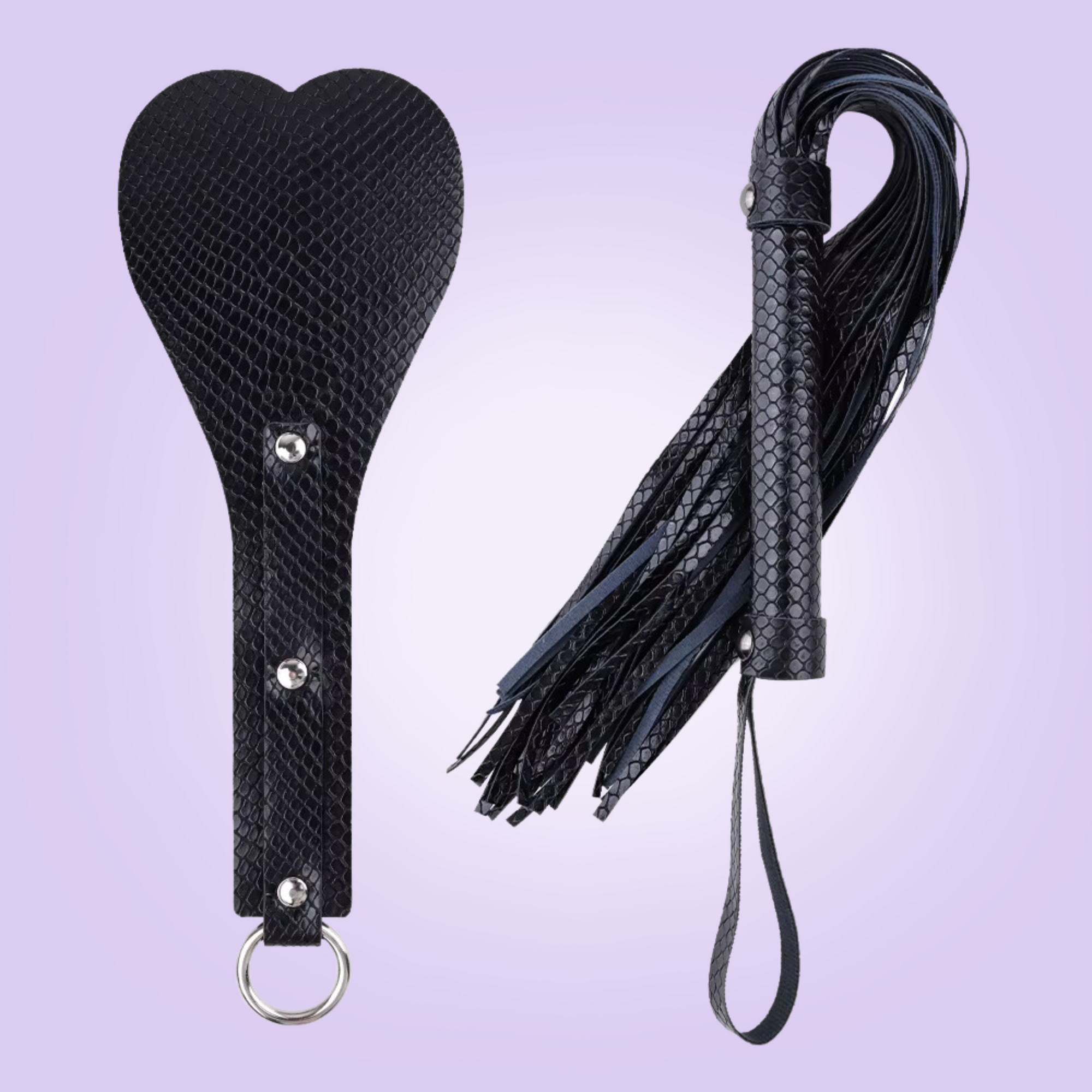 The black snake skin two piece paddle and whip, you can see that this whole set has a snakeskin effect.